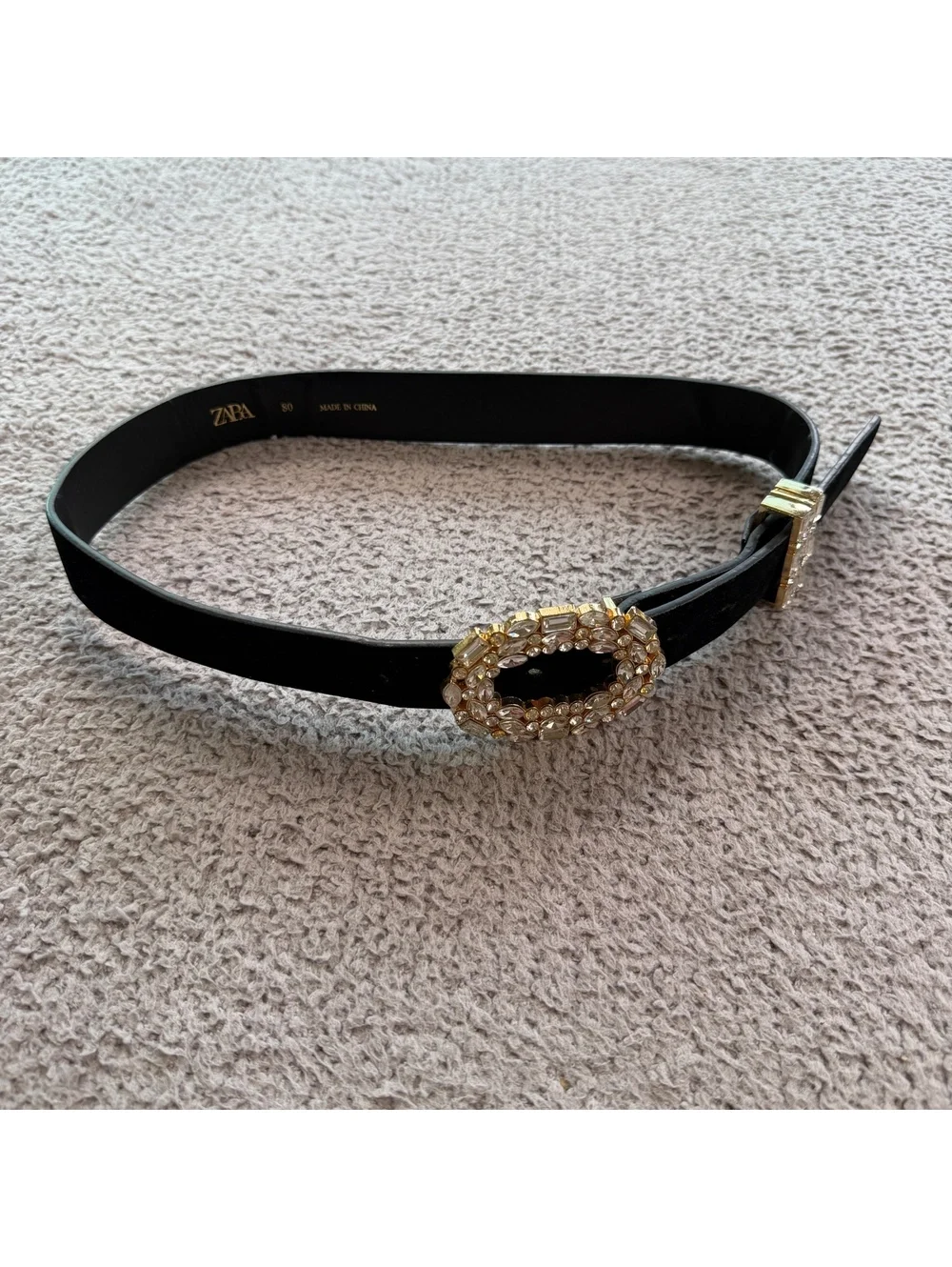 Zara Black Faux Leather Rhinestone Crystal Buckle Statement Belt Women 80/32